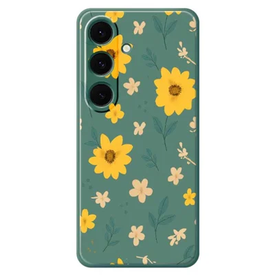 Samsung Galaxy S25+ hoesje met gele bloemen- en bladerpatroon Rechte rand TPU telefoonhoes - Groen