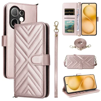 For vivo V60 5G Case with Shoulder  /  Wrist Strap Leather Phone Cover Stand Wallet - Pink