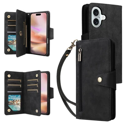 For iPhone 17 Case Zipper Wallet Rivet Decor Leather Phone Cover with Wrist Strap - Black
