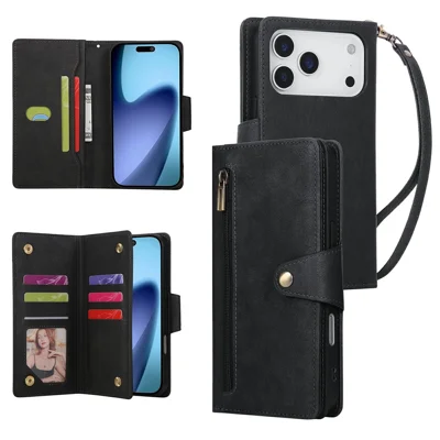 For iPhone 18 Pro / 17 Pro Case Zipper Wallet Rivet Decor Leather Phone Cover with Wrist Strap - Black