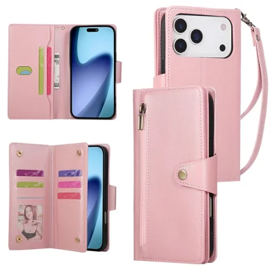 For iPhone 18 Pro Max / 17 Pro Max Case Zipper Wallet Rivet Decor Leather Phone Cover with Wrist Strap - Rose Gold