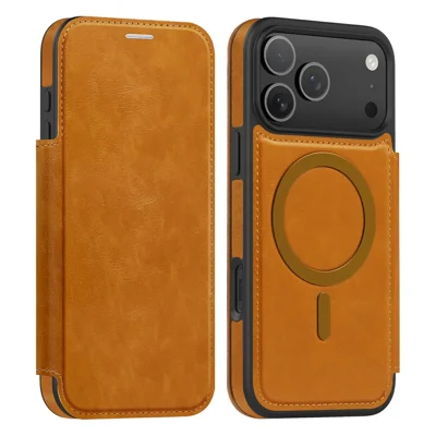 For iPhone 18 Pro / 17 Pro Case Compatible with MagSafe RFID Blocking Card Holder Leather Phone Cover - Brown
