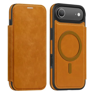 For iPhone Air Case Compatible with MagSafe RFID Blocking Card Holder Leather Phone Cover - Brown