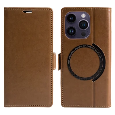 Voor iPhone 15 Pro-hoesje compatibel met MagSafe Wallet Stand Lederen fliphoes - Donkerbruin