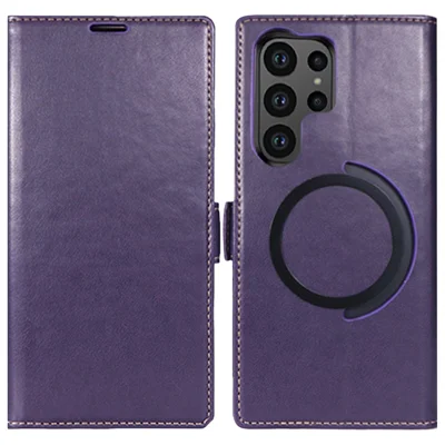 For Samsung Galaxy S24 Ultra Magnetic Case Wallet Stand Leather Flip Phone Cover - Purple