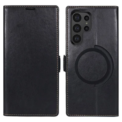 Voor Samsung Galaxy S23 Ultra Hoesje Compatibel met MagSafe Portemonnee Stand Leren Flip Hoesje - Zwart