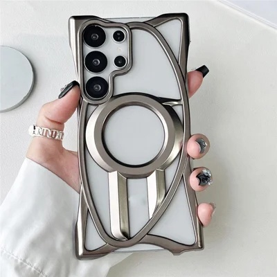 For Samsung Galaxy S24 Ultra Matte Magnetic Case Frameless Electroplated Hollow Design TPU Phone Cover - Grey