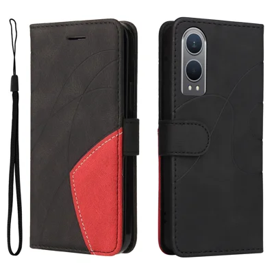 For Oppo K12x 5G (China) / OnePlus Nord CE4 Lite 5G Leather Phone Case Stand Wallet with Bi-colour Splicing Design - Black