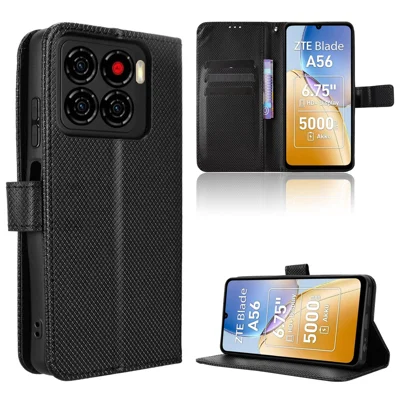 For ZTE Blade A56 Leather Wallet Case with Strap Diamond Texture Phone Cover - Black