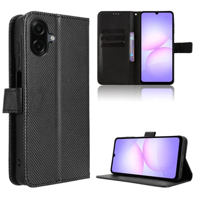 For Samsung Galaxy A08 5G / A08 4G / A07 4G / A07s 4G Leather Wallet Case with Strap Diamond Texture Phone Cover - Black