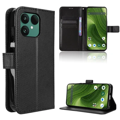 Leer portefeuillehoesje met bandje en diamantstructuur voor Fairphone 6 - Zwart