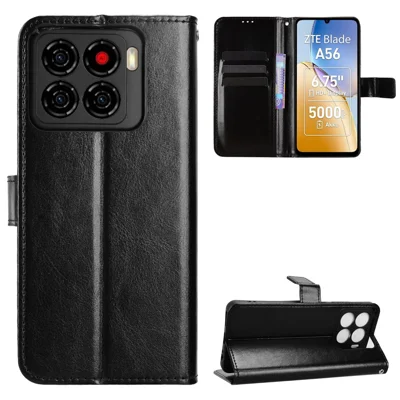 For ZTE Blade A56 PU Leather Case with Strap Crazy Horse Texture Phone Wallet Cover - Black