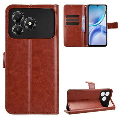 For ZTE Blade A36 PU Leather Case with Strap Crazy Horse Texture Phone Wallet Cover - Brown