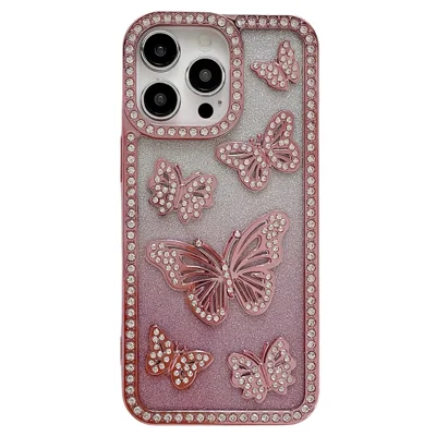 For iPhone 15 Pro Max Case Rhinestone Butterfly Decor Soft TPU Phone Cover - Pink