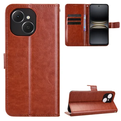 For TECNO Spark 40C PU Leather Case with Strap Crazy Horse Texture Phone Wallet Cover - Brown