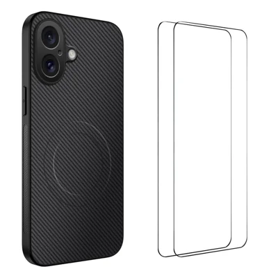 WANLONFENG For iPhone 17 Magnetic Case  TQ1 Series Carbon Fiber Texture PC TPU Phone Cover with 2Pcs Screen Films - Black