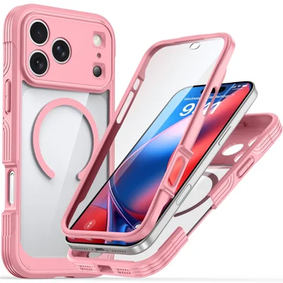 For iPhone 18 Pro Max / 17 Pro Max Case Compatible with MagSafe PC + TPU Phone Cover with Tempered Glass Screen Film - Pink