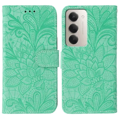 For Xiaomi Redmi 15 5G (Global) (169mm) / Poco M7 4G (169mm) Case Lace Flowers PU Leather Flip Wallet Phone Cover - Green