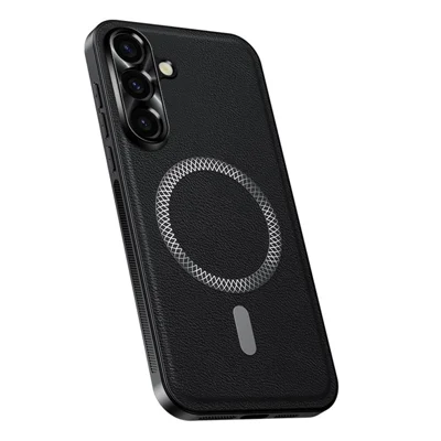 For Samsung Galaxy A36 5G Magnetic Case PU TPU PC Phone Back Cover with Metal Lens Frame - Black