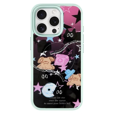 For iPhone 16 Pro Max Magnetic Case TPU PC Phone Cover with Detachable Brown Bear Slide Backplate - Green
