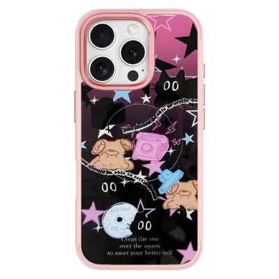 For iPhone 16 Pro Magnetic Case TPU PC Phone Cover with Detachable Brown Bear Slide Backplate - Pink