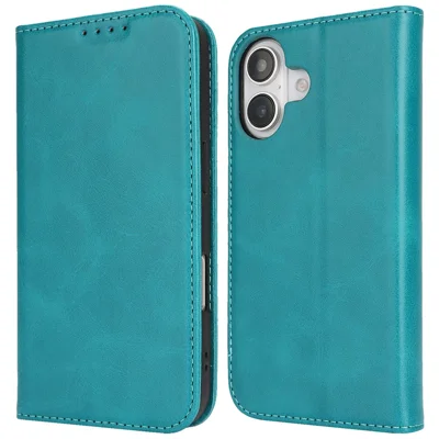For iPhone 17 Case PU Leather Calf Textured Magnetic Closing Smart Phone Cover - Sky Blue