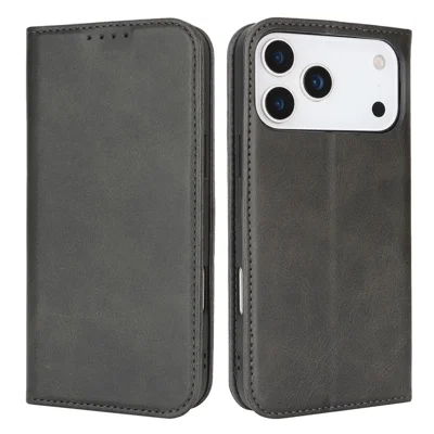 For iPhone 18 Pro Max / 17 Pro Max Case PU Leather Calf Textured Magnetic Closing Smart Phone Cover - Black