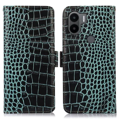 Cover per Xiaomi Redmi A1+ 4G / A2+ 4G / Poco C50 4G in vera pelle di mucca con chiusura magnetica laterale, antiurto, con texture a coccodrillo, tecnologia di blocco RFID, supporto, portafoglio, verde
