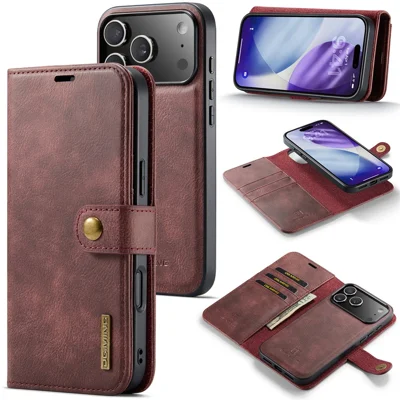 DG.MING voor iPhone 17 Pro hoesje, afneembare gespleten lederen telefoonhoes - Rood