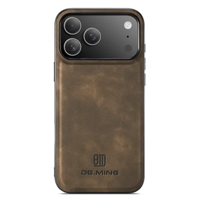 DG.MING For iPhone 18 Pro Max / 17 Pro Max Case PU Leather Covered PC + TPU Hybrid Phone Shell - Coffee