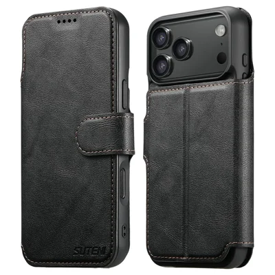 SUTENI Q-05 til iPhone 17 Pro Wallet Case 2 i 1 aftagelig læder flip telefonbeskyttelse med stand - Sort