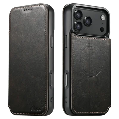 SUTENI J05 For iPhone 17 Pro Max Case Compatible with MagSafe Textured PU Leather Flip Phone Cover - Black