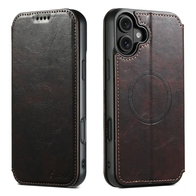 SUTENI J05 For iPhone 17 Case Compatible with MagSafe Textured PU Leather Flip Phone Cover - Brown
