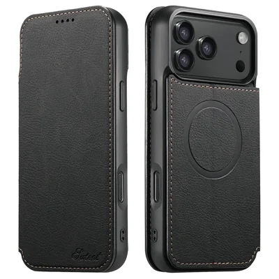 SUTENI J06 Voor iPhone 17 Pro Hoesje Litchi Structuur Lederen Portemonnee Telefoonhoes Compatibel met MagSafe - Zwart