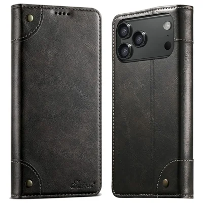 SUTENI For iPhone 17 Pro Case PU Leather Stand Wallet Phone Cover - Black
