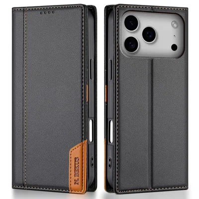 N.BEKUS P3 For iPhone 18 Pro Max / 17 Pro Max Case RFID Blocking Wallet Stand PU Leather Flip Phone Cover - Black