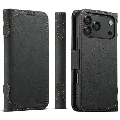 SUTENI J07 For iPhone 18 Pro / 17 Pro Case Compatible with MagSafe Litchi Texture Leather Wallet Phone Cover - Black
