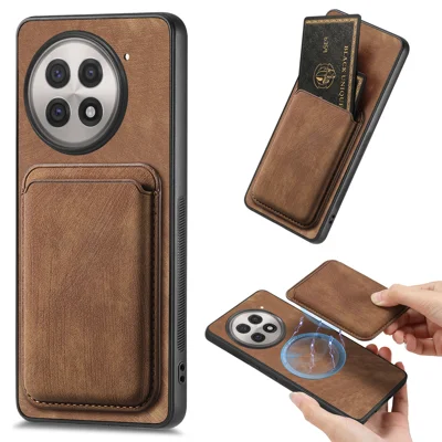 For OnePlus 13R 5G Magnetic Case Leather Back Cover with Detachable Card Holder - Brown