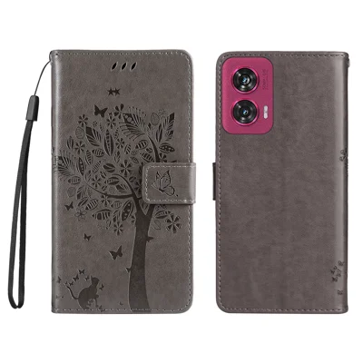 For Motorola Edge 50 Fusion 5G Phone Case with Stand Cat Tree Pattern Leather Wallet Mobile Cover - Grey