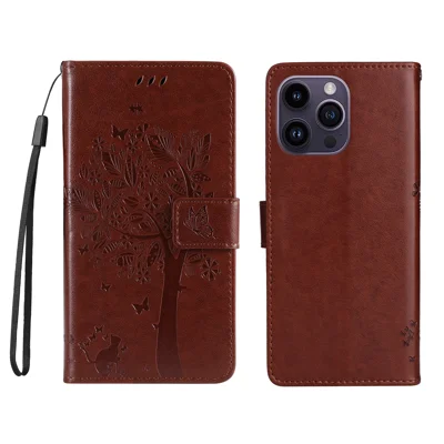 Telefoonhoesje voor iPhone 15 Pro Max met standaard, kattenboompatroon, lederen portemonnee, mobiele hoes - Koffie