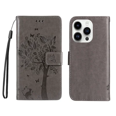 For iPhone 15 Pro Phone Case with Stand Cat Tree Pattern Leather Wallet Mobile Cover - Grey