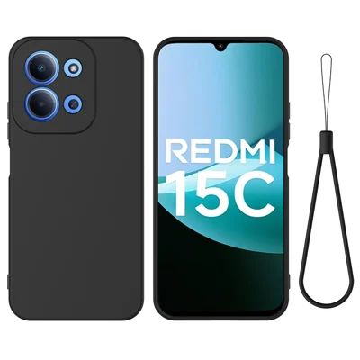 For Xiaomi Redmi 15C 5G (EU) (173mm) / 15C 4G (EU) (173mm) / Poco C85 4G (173mm) Liquid Silicone Case Phone Back Cover with Hand Strap - Black