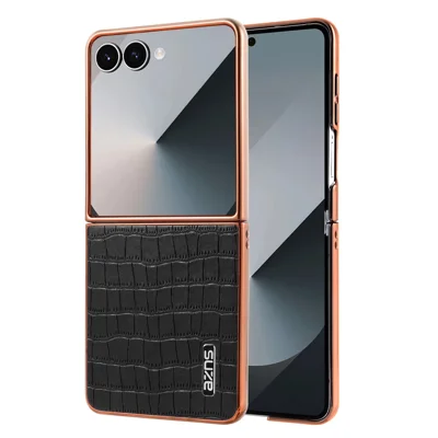 AZNS For Samsung Galaxy Z Flip7 5G Case Electroplating Crocodile Texture PU + PC Phone Cover - Black