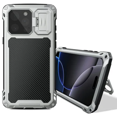 For iPhone 16 Pro Max Case Aluminum Alloy + Silicone Lens Kickstand Phone Cover with Tempered Glass Film - Silver