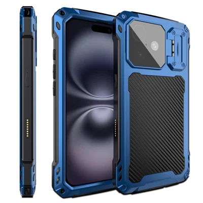 For iPhone 16 Case Aluminum Alloy + Silicone Lens Kickstand Phone Cover with Tempered Glass Film - Blue