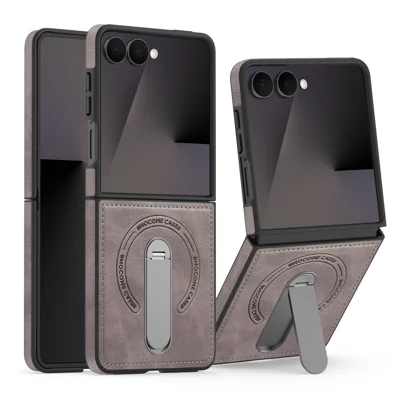 Magnetisk fodral för Samsung Galaxy Z Flip7 5G, roterande ställ, läderbelagd PC-telefonfodral - Grå