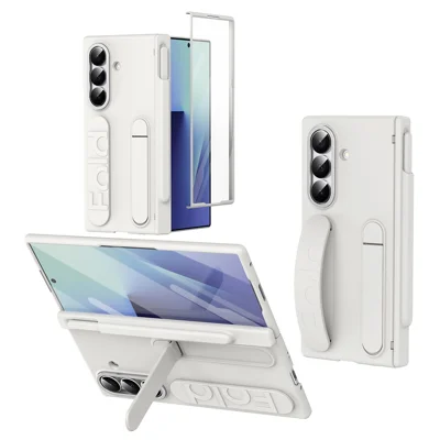 For Samsung Galaxy Z Fold6 5G Case Kickstand Wristband Hard PC Phone Cover with Pen Slot / Stylus - White