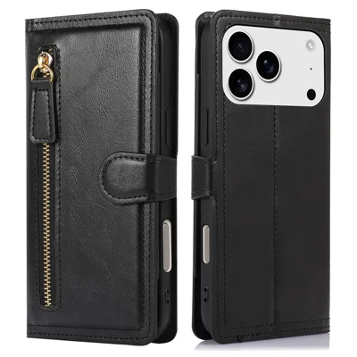 Voor iPhone 17 Pro hoesje met rits en lederen fliphoes met kaarthouder - Zwart