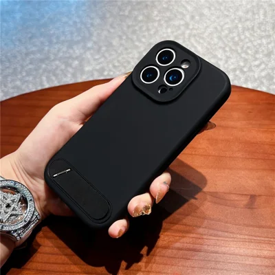 For iPhone 16 Pro Max Case with Kickstand Precise Cutouts Liquid Silicone + PC Phone Cover - Black