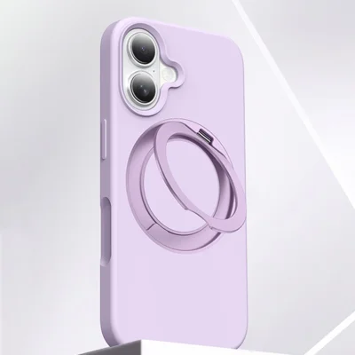 For iPhone 16 Case Rotating Kickstand Liquid Silicone + PC Phone Cover with Camera Touch Control Button - Light Purple